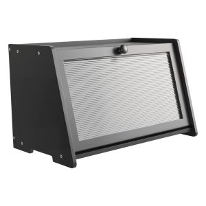 Black bamboo bread box with acrylic wavy door, front view - farmhouse bread storage