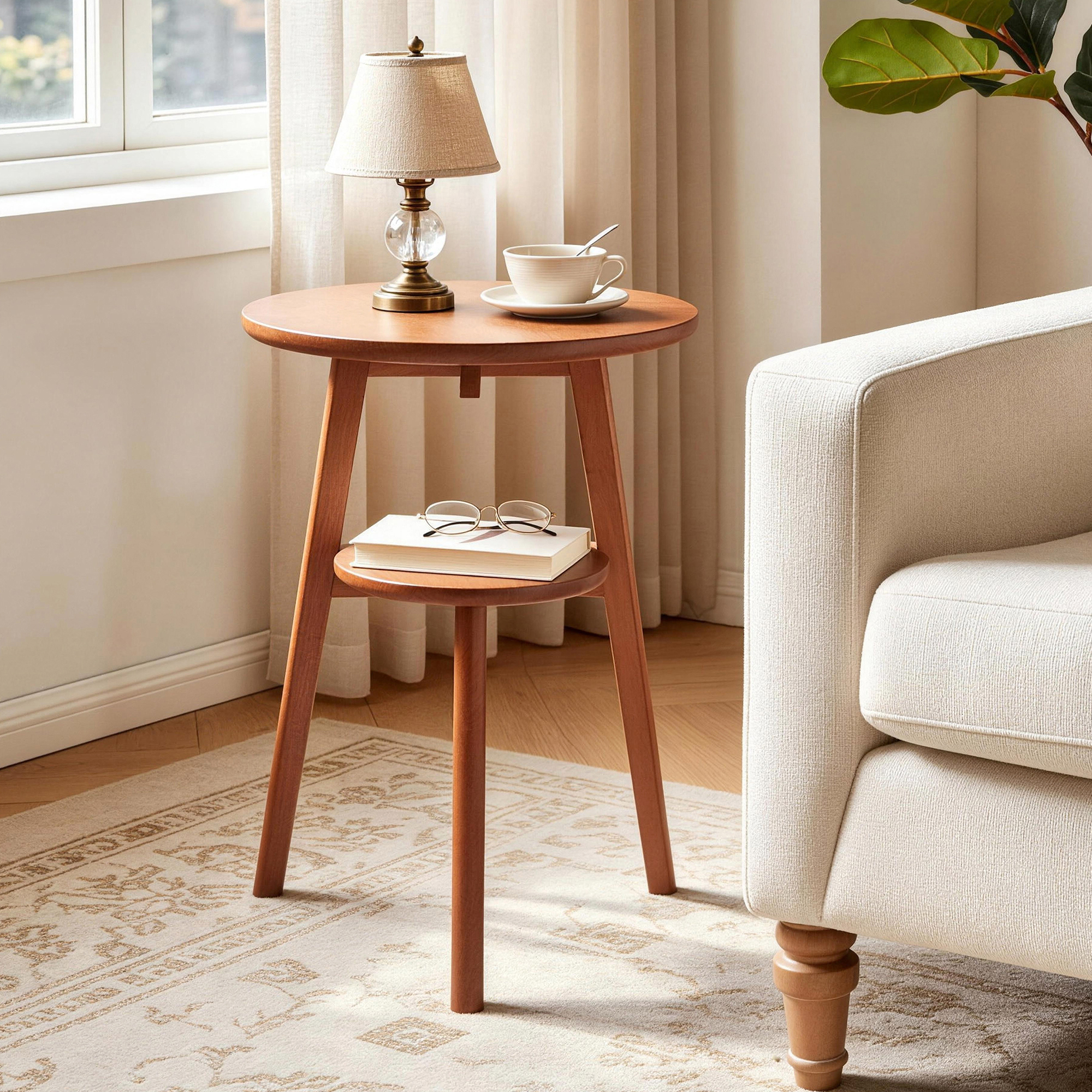 Cherry 2-tier round side table beside an armchair with a table lamp and books on the lower shelf