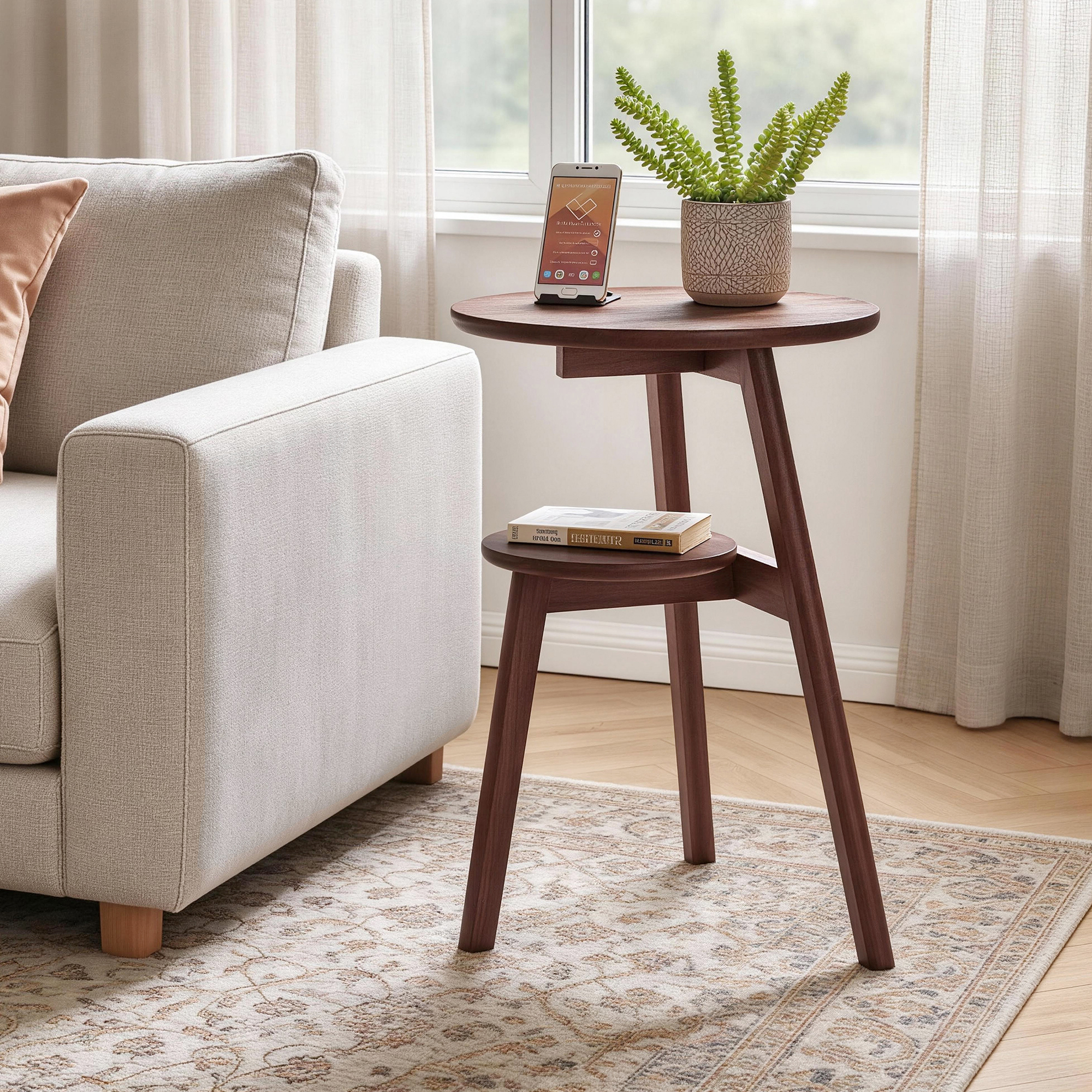 2-tier round side table by the window with a phone and small potted plant on top