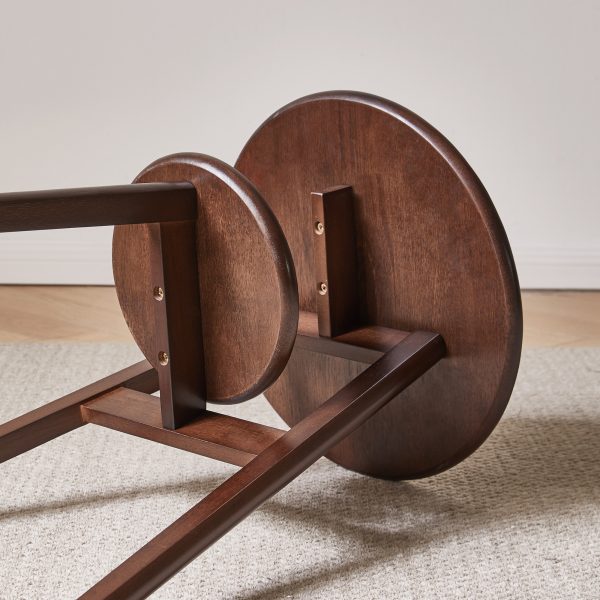 Underside view of the 2-tier round side table showing the reinforced leg-to-top frame connection