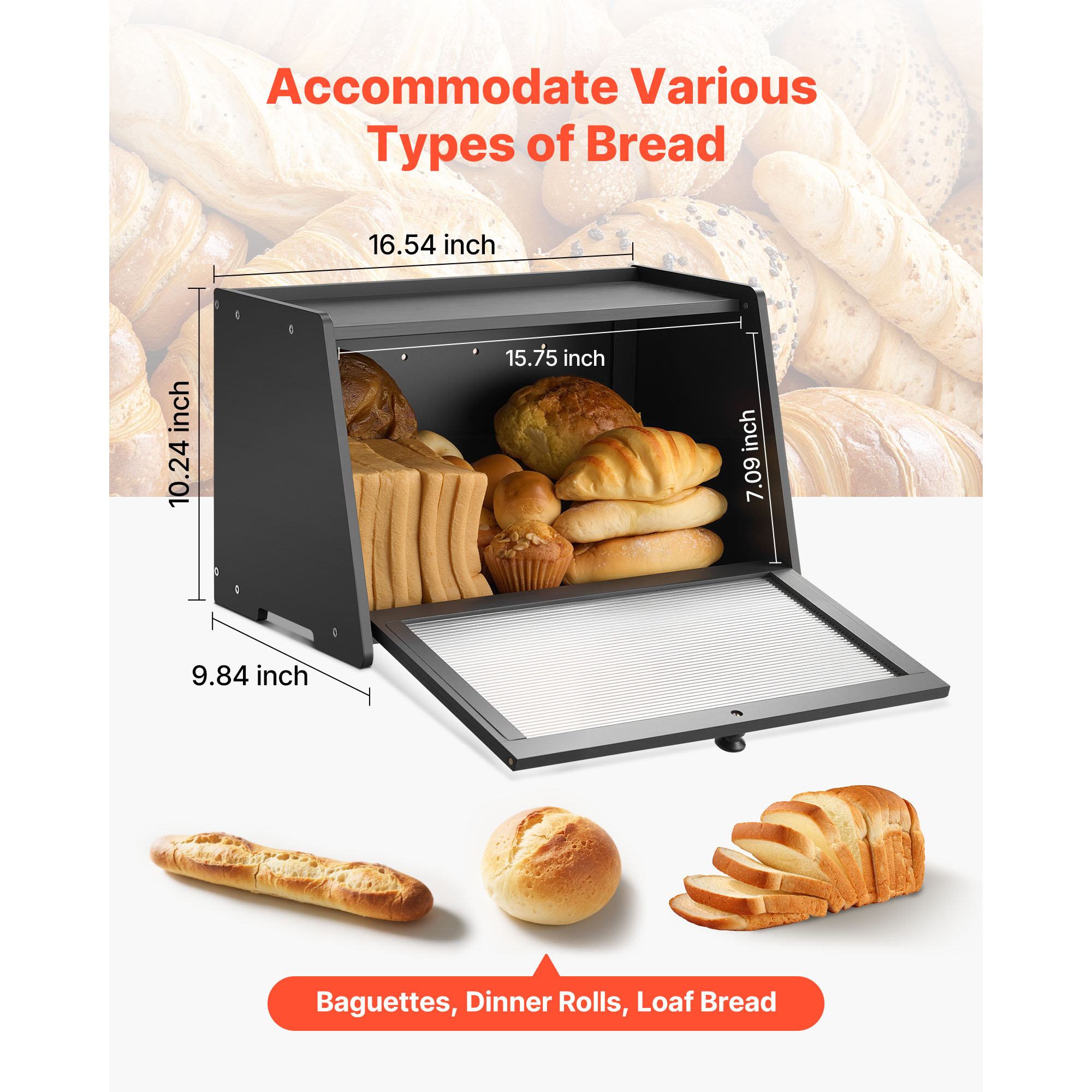 Bamboo bread box fits baguettes, dinner rolls and loaf bread, door folded down