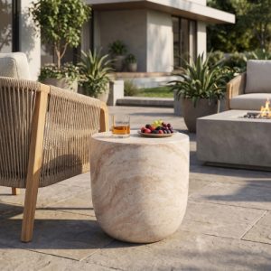 Travertine Finish MGO Barrel Side Table, Lightweight Concrete Accent Table for Indoor & Outdoor