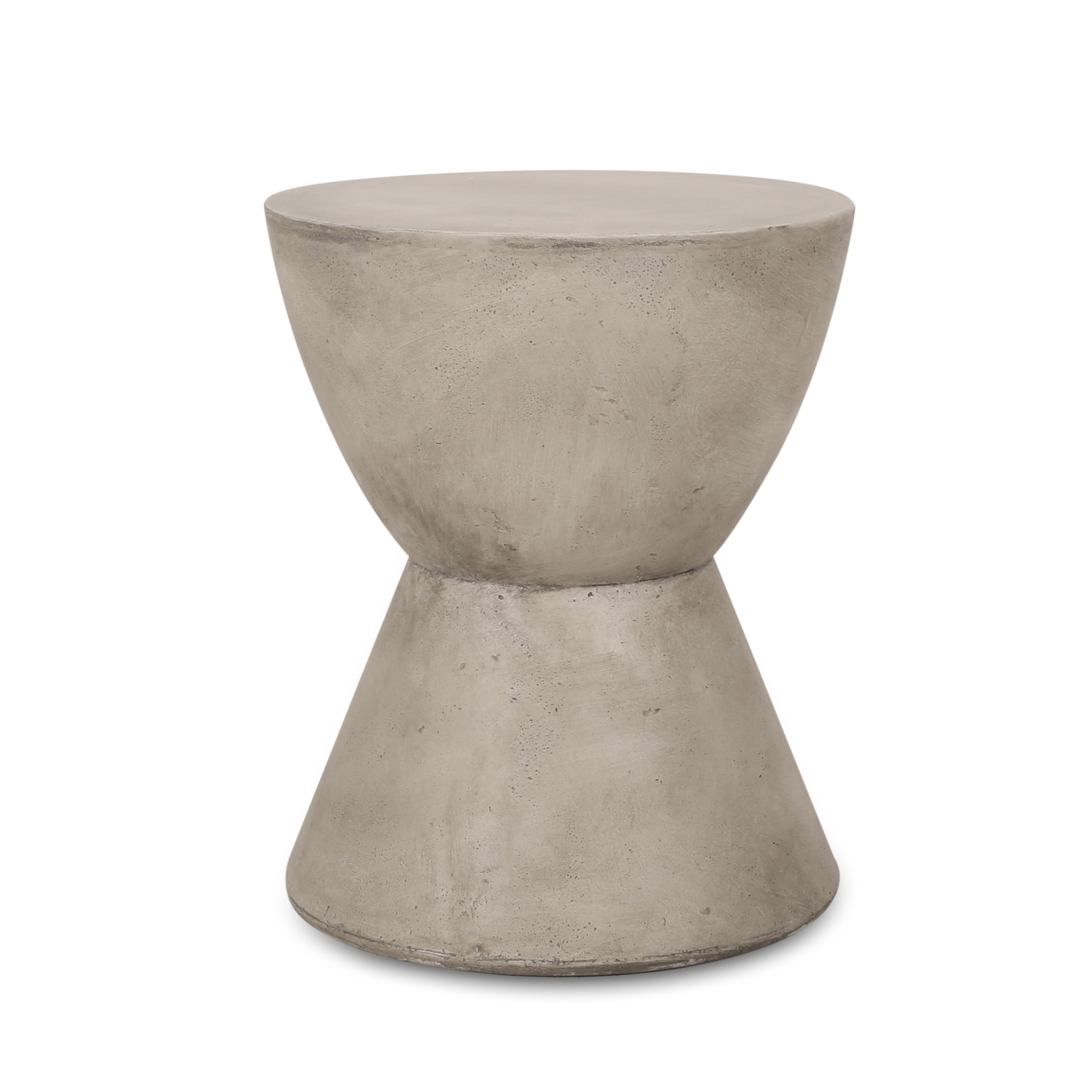 Light grey MGO hourglass side table, front view on white background