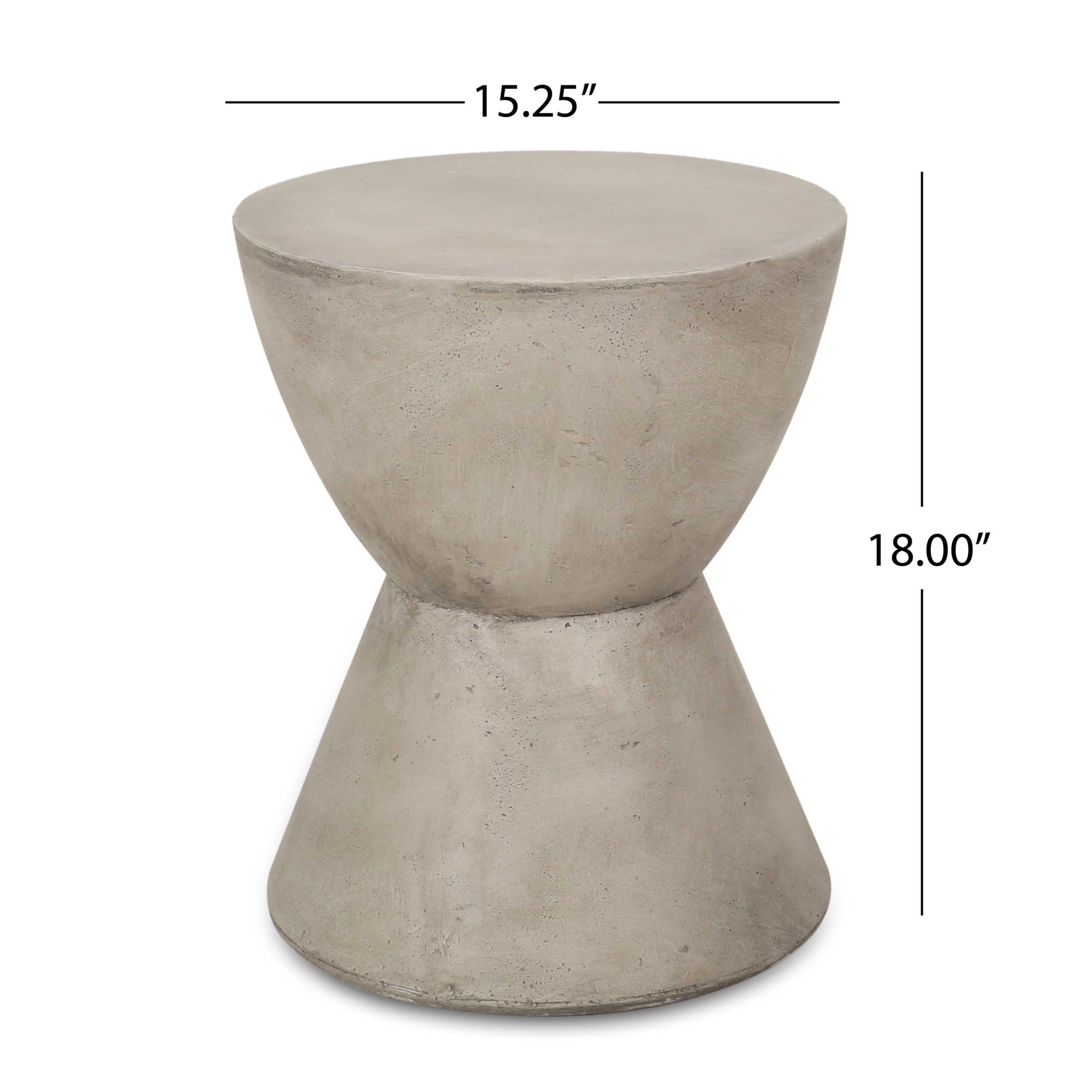 Dimension diagram of the concrete end table showing 15.25 inch top width and 18 inch height