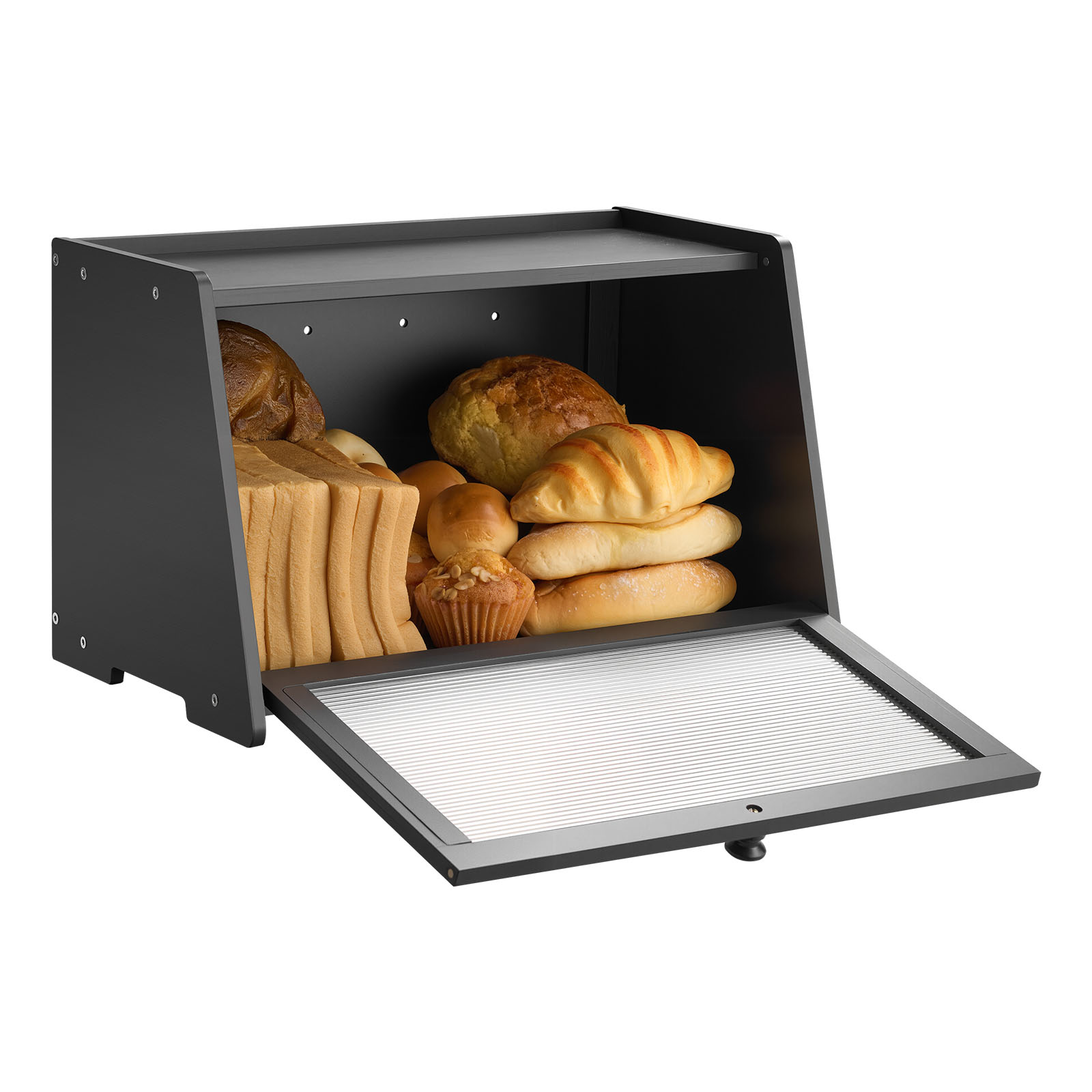 Bamboo bread box open with fresh bread inside, acrylic wavy door folded down
