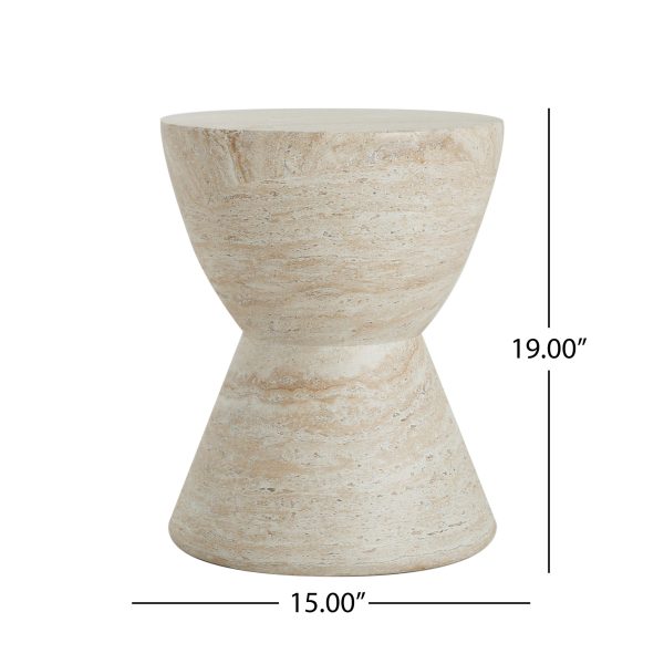 Dimension diagram of the travertine finish side table showing 15 inch diameter and 19 inch height