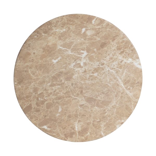 Top view of the round tabletop showing the beige travertine stone texture with white veining
