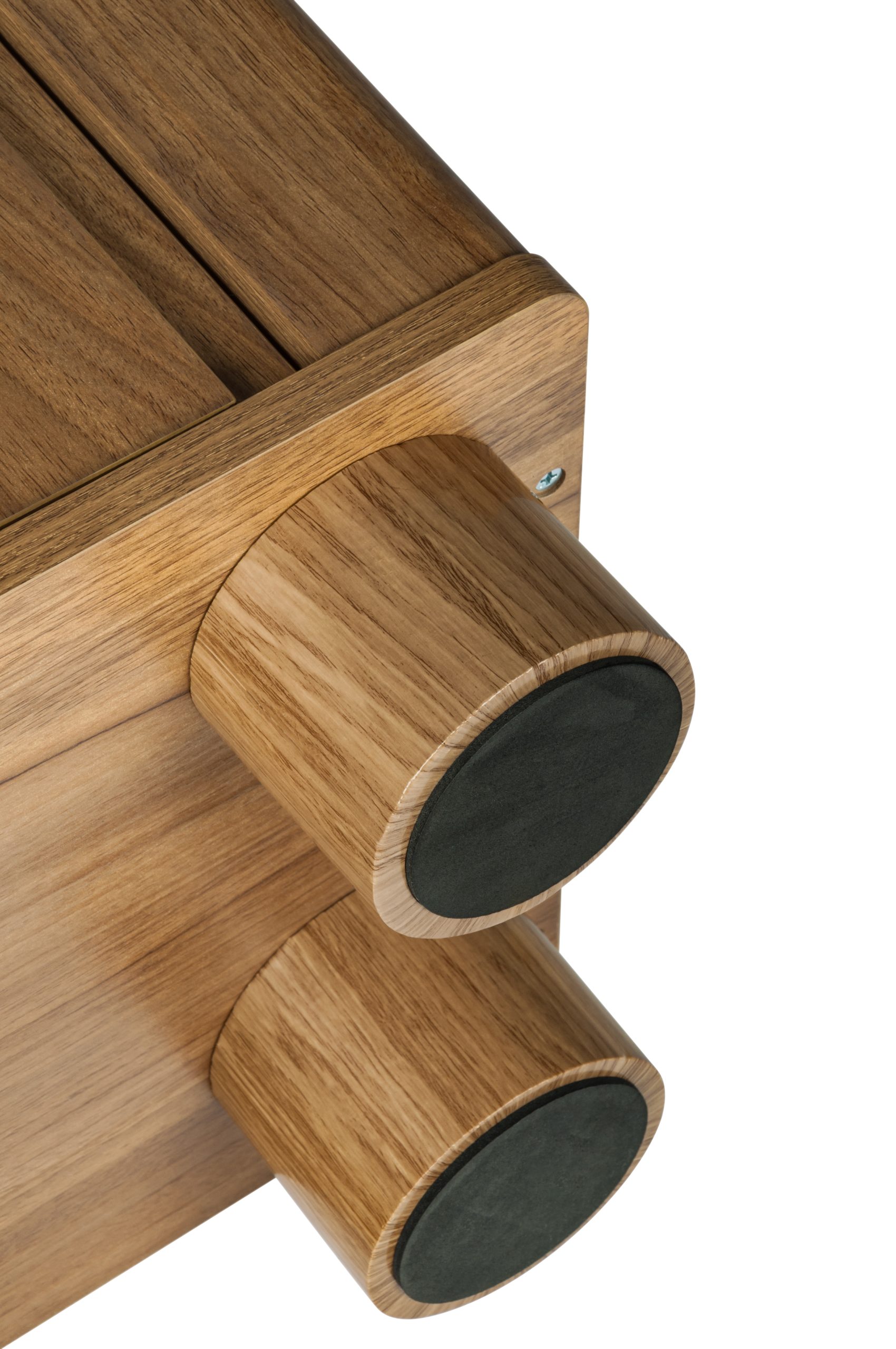 Close-up of the vintage brown wood grain and soft-close arched door of the nightstand