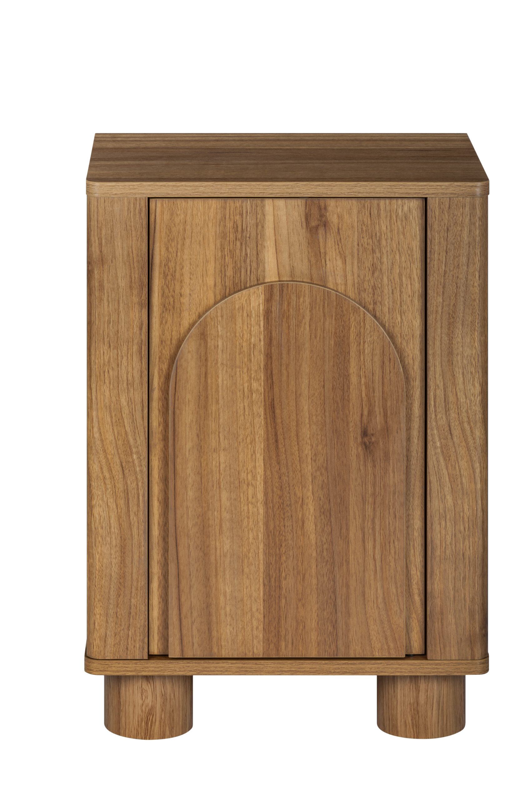 Arched door nightstand in vintage brown, front view on white background