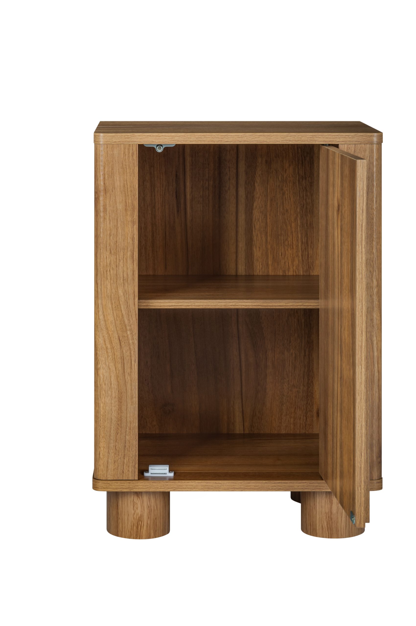 Interior of the arched door nightstand showing the storage shelf behind the magnetic door