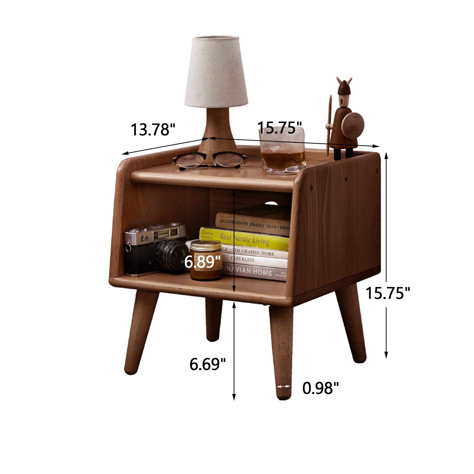 Walnut nightstand dimensions diagram: 15.75 in long, 13.78 in wide, 15.75 in high