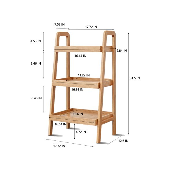 Oak ladder shelf dimensions: 17.72 in wide, 12.6 in deep, 31.5 in high with 8.46 in between shelves