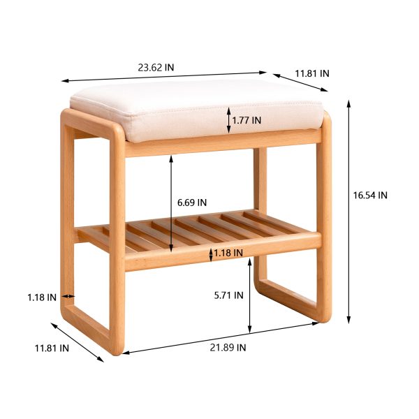 Beech wood shoe bench dimensions: 23.62 in long, 11.81 in wide, 16.54 in high with 1.77 in cushion