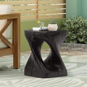 Orivane MGO twist side table with wood-grain finish styled beside a sofa
