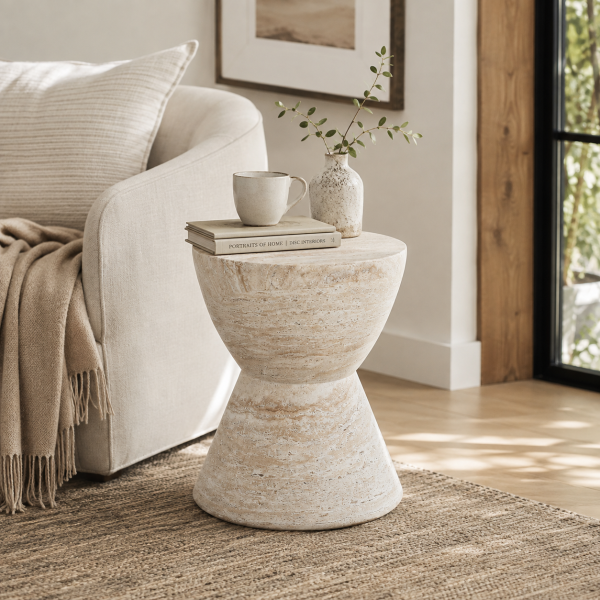 Travertine finish side table holding books and a mug beside a beige sofa in a living room
