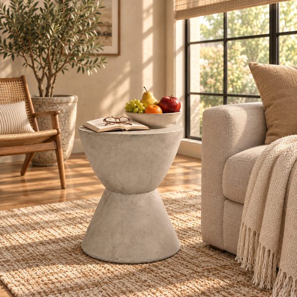 Lightweight concrete end table in light grey beside a beige sofa with a bowl of fruit and a book in a living room