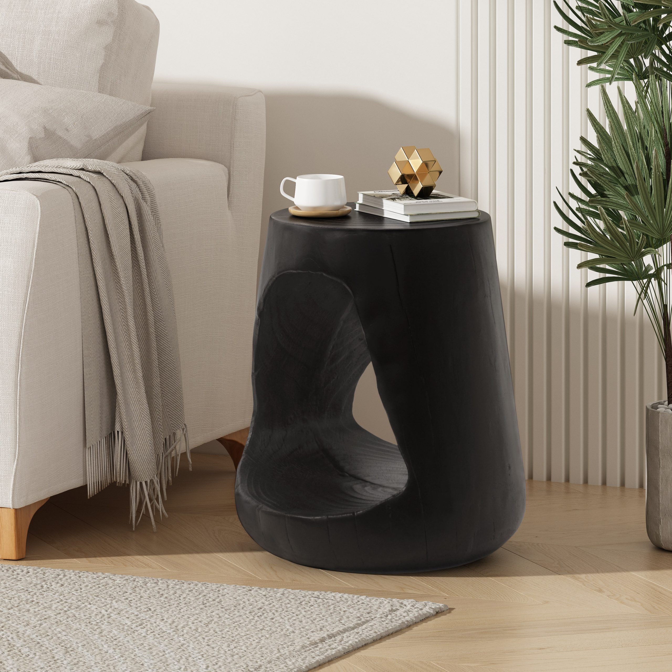 Orivane MGO Hollow Side Table – Round Wood-Grain Accent Table for Living Room, Bedroom & Patio