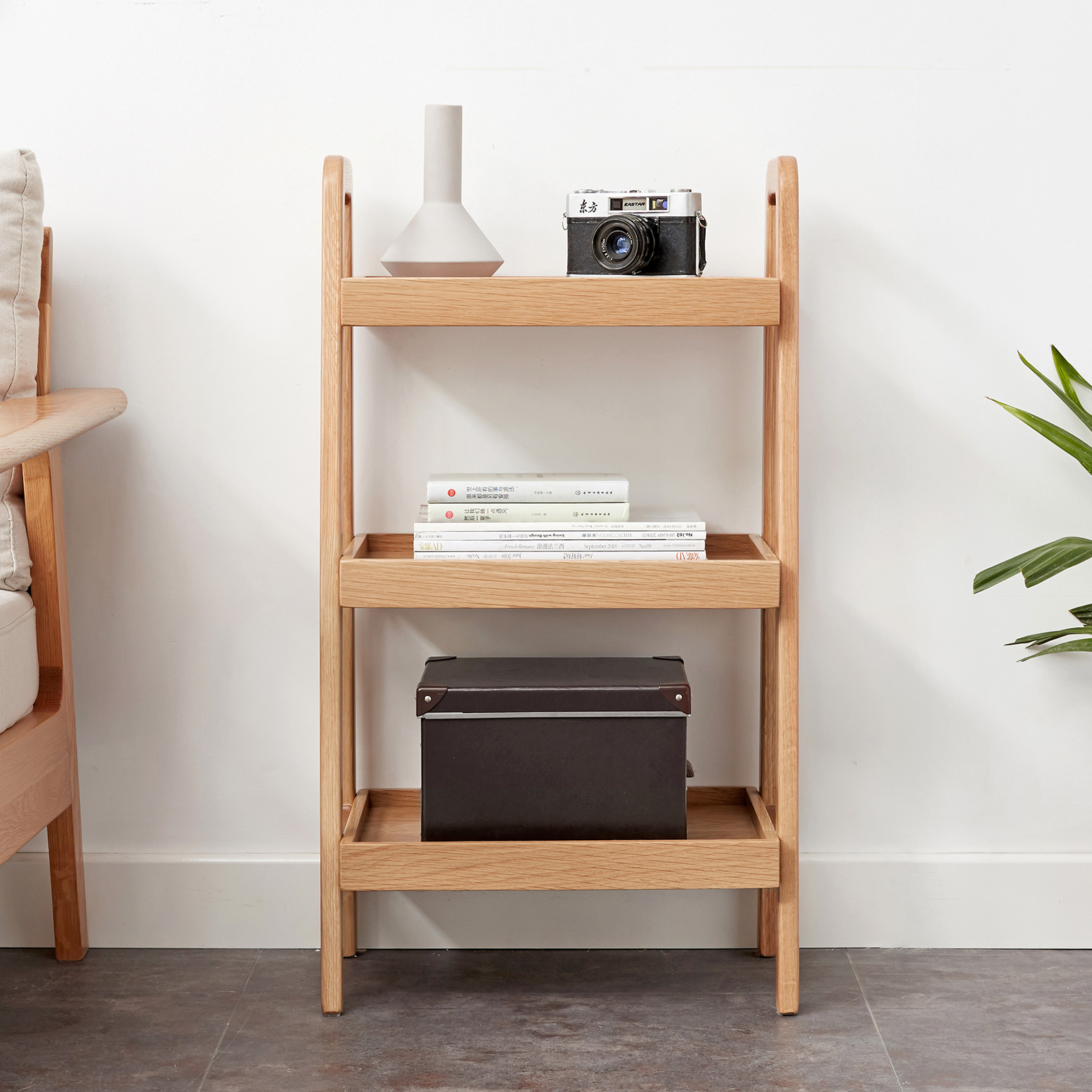 A-shape solid wood bookshelf side profile showing the slim footprint