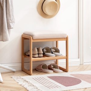 Orivane beech wood shoe bench with cushioned seat in a bright entryway with hat rack and slippers