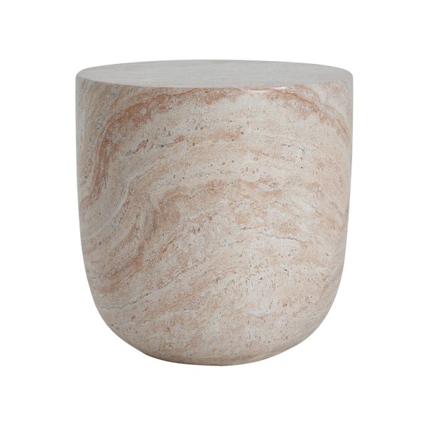 Close-up of the travertine finish texture on the barrel side table surface
