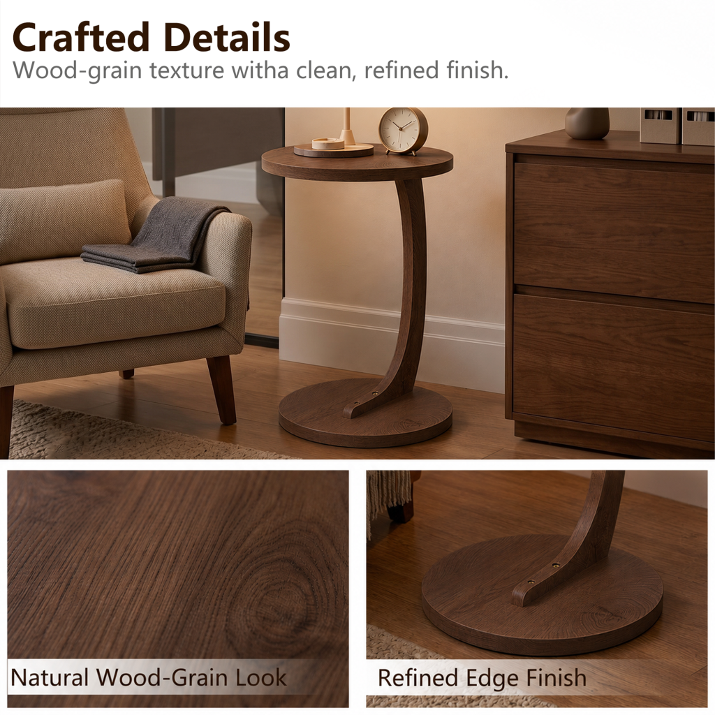 Close-up of the walnut wood-grain finish on the C shaped end table, scratch-resistant and easy to clean