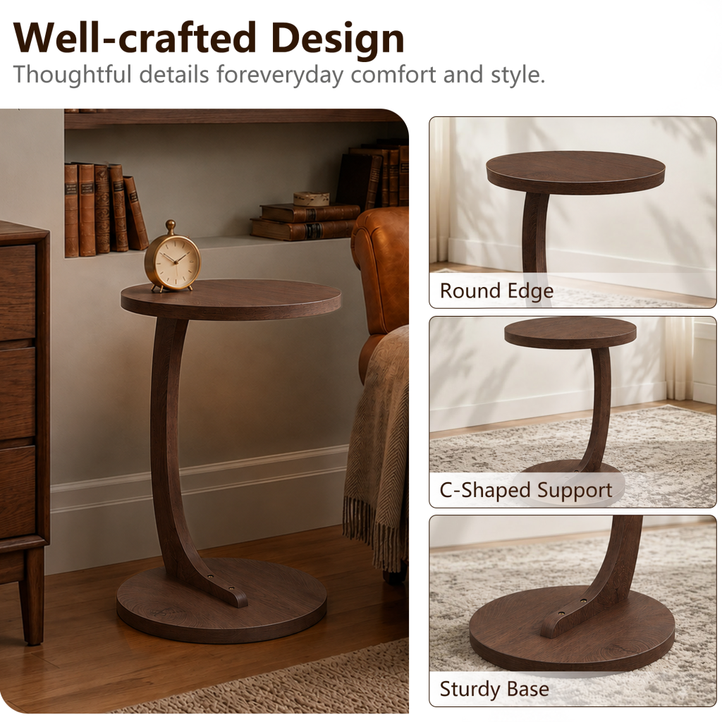 C shaped end table with sturdy weighted base, rounded edges and C-shaped support frame