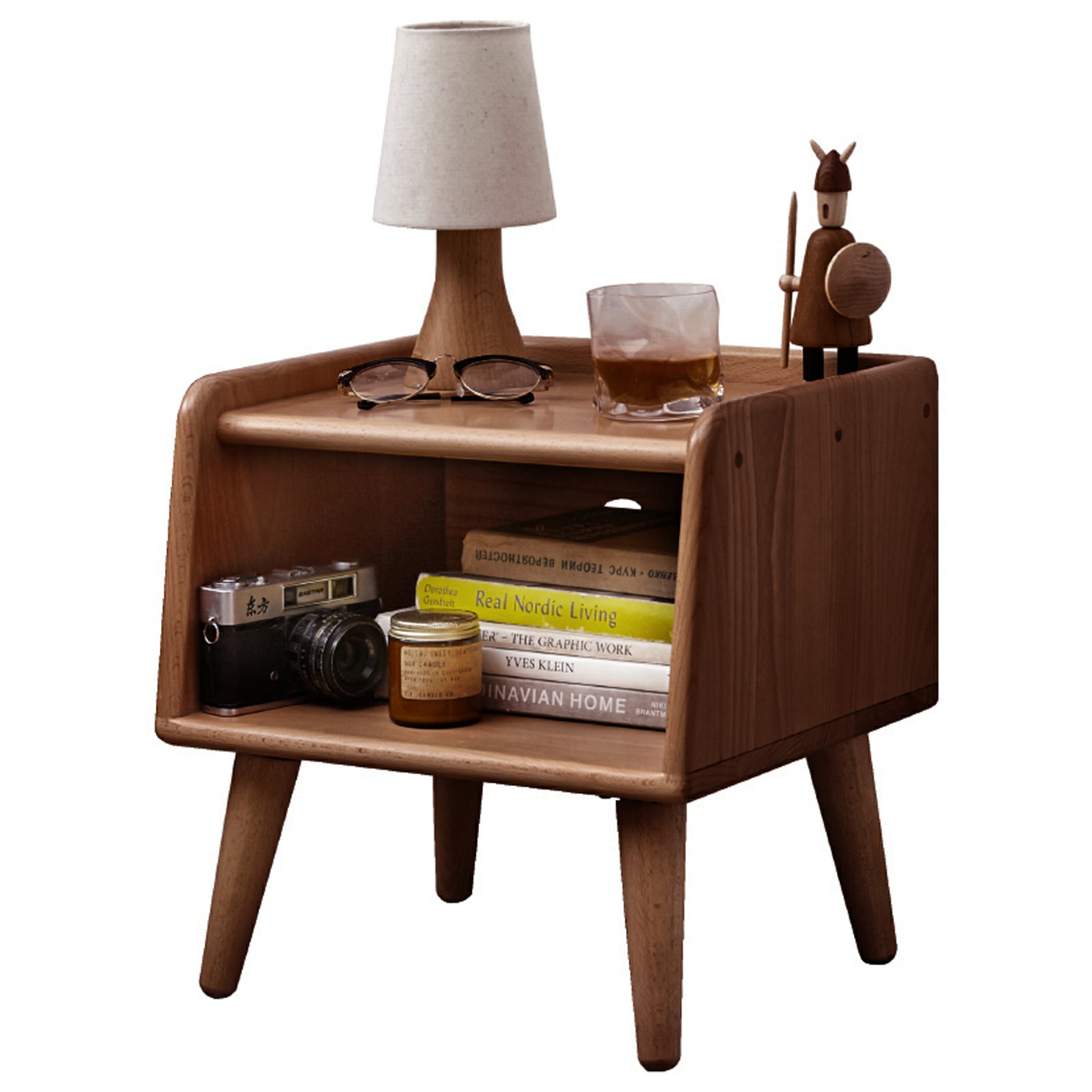 Solid walnut nightstand with open storage on a white background