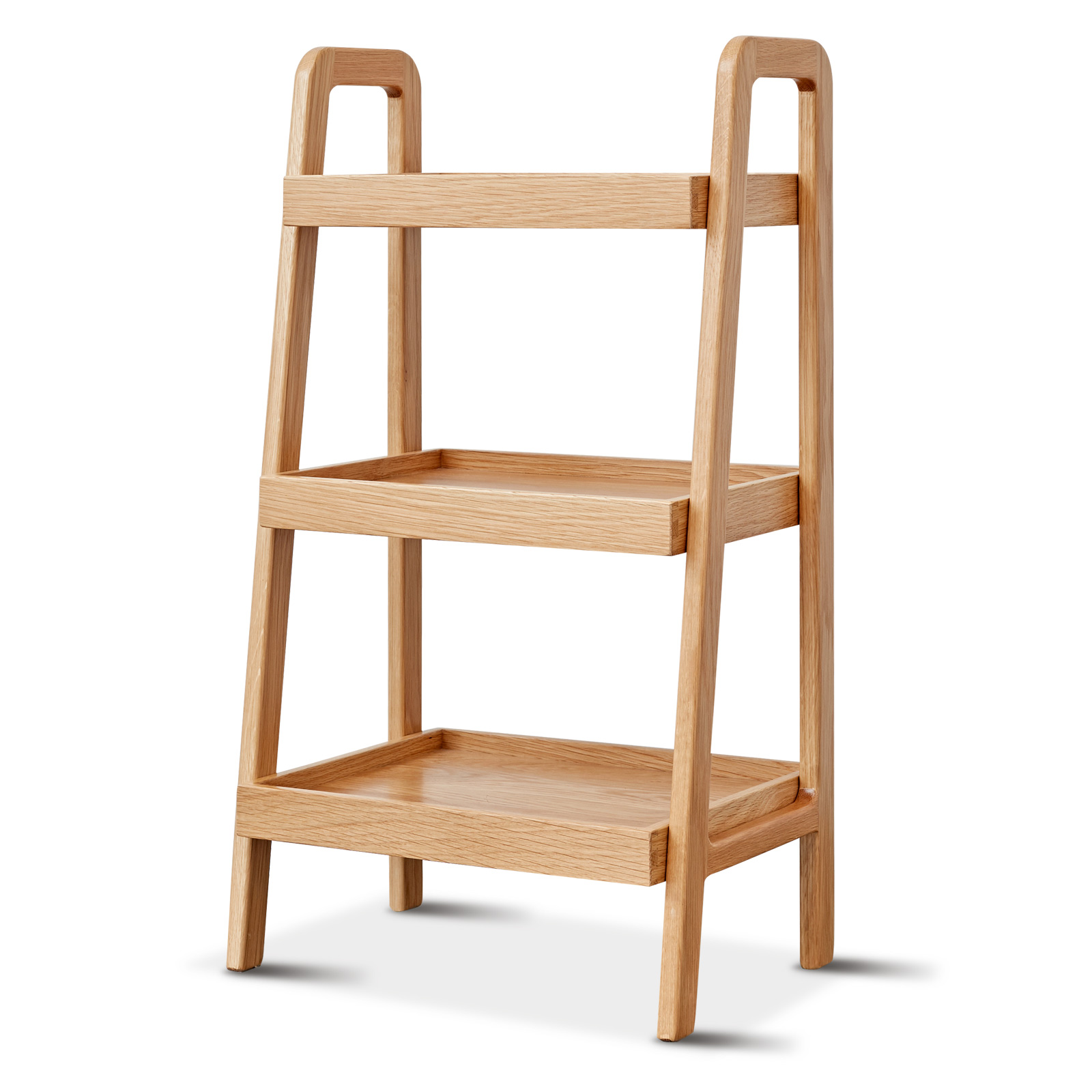 Oak ladder shelf with three tiers on white background