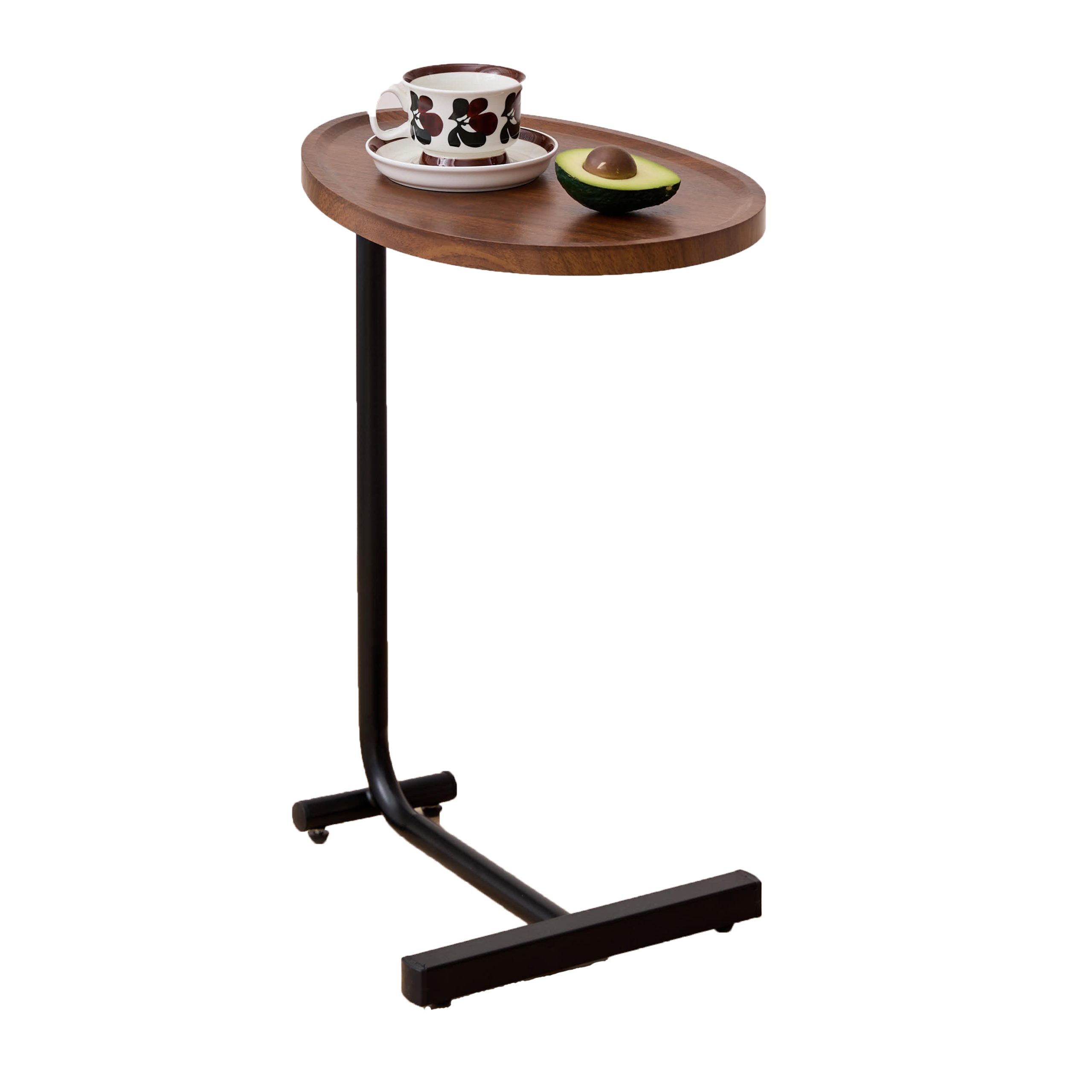Brown C-shaped sofa table with walnut wood-grain top and black steel frame, side view on white background