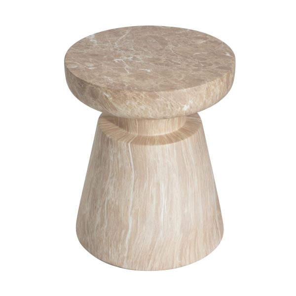 Sculptural pedestal side table with travertine finish mushroom top and flared cone base, front view on white background