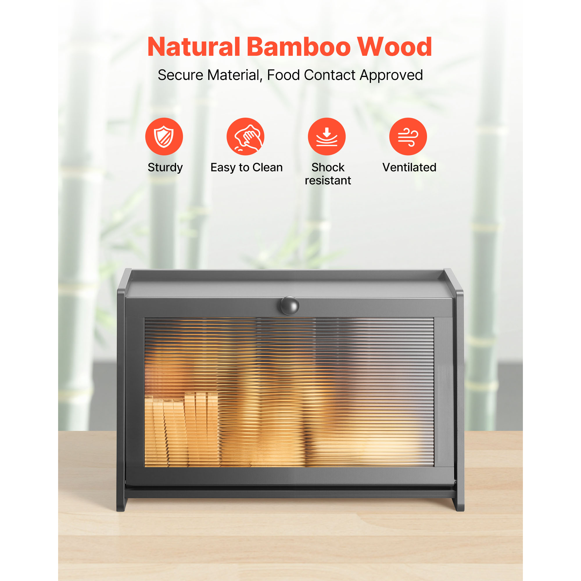 Natural bamboo wood bread box - sturdy, easy to clean, ventilated back panel