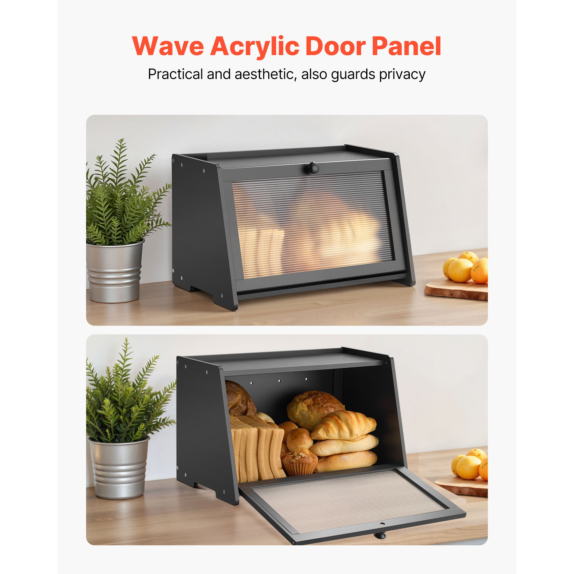 Wave acrylic door panel of the black bamboo bread box, shown open and closed on a bright kitchen counter