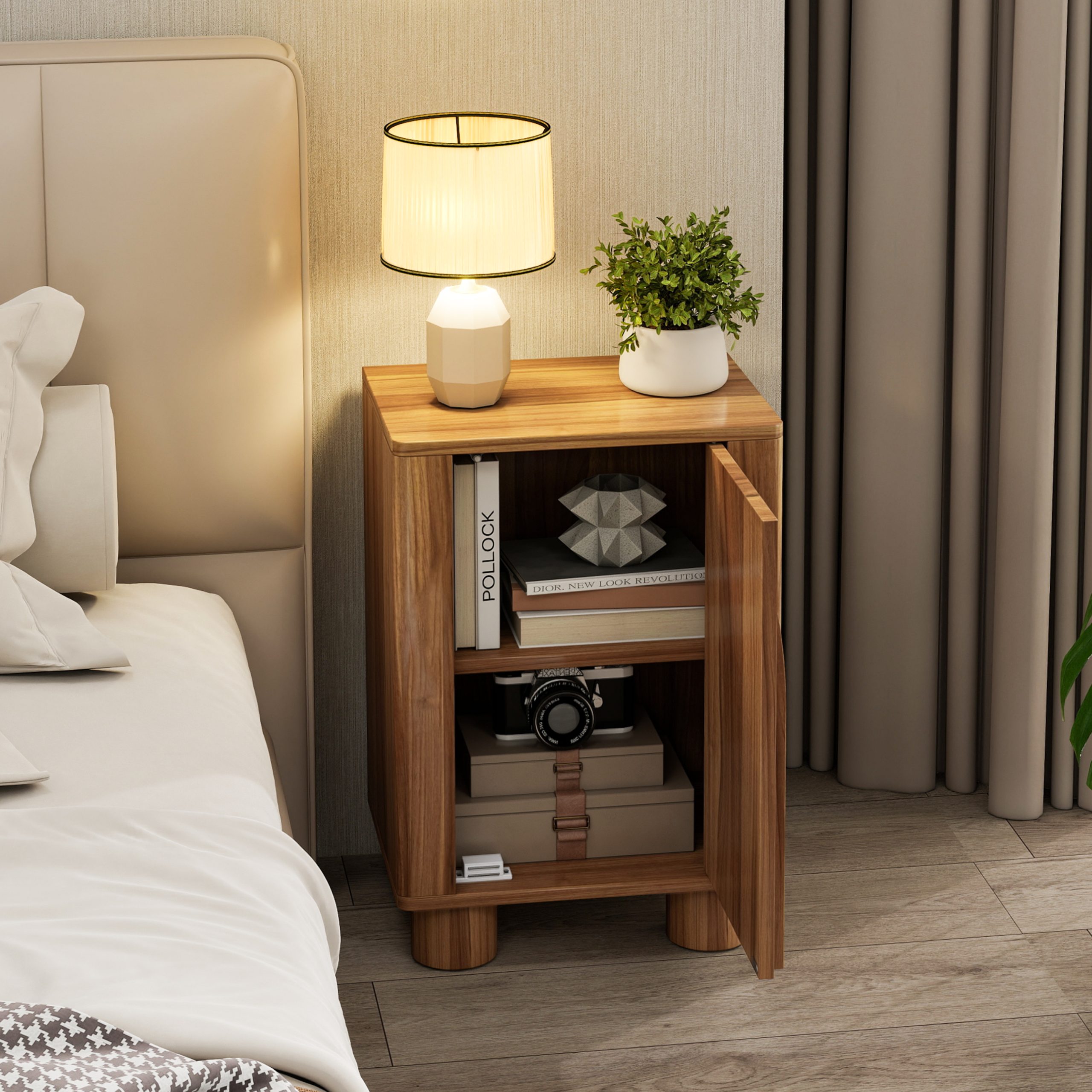 Vintage brown arched door nightstand styled as a bedside table in a cozy bedroom