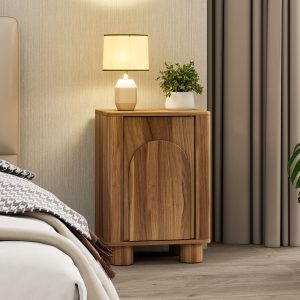 Mid-century arched door nightstand in vintage brown with a table lamp on top
