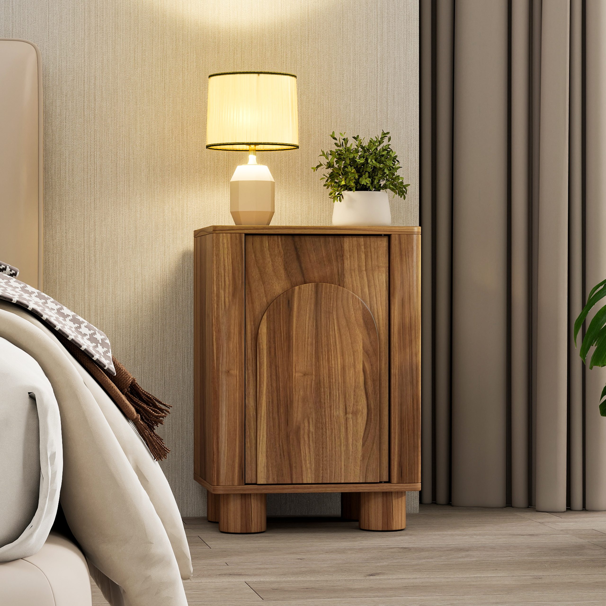 Compact arched door nightstand used as a side table in a living room corner