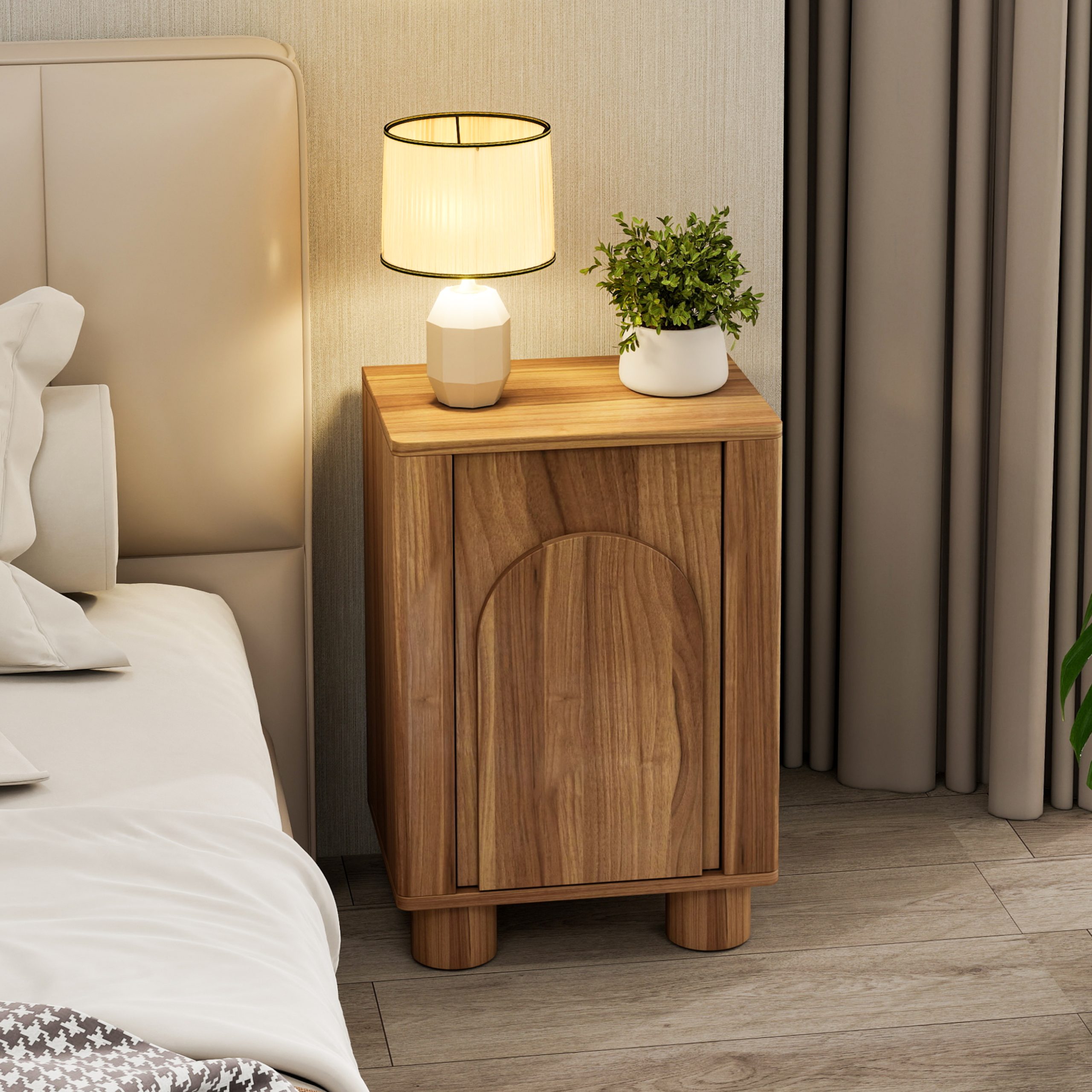 Compact arched door nightstand used as a side table in a living room corner
