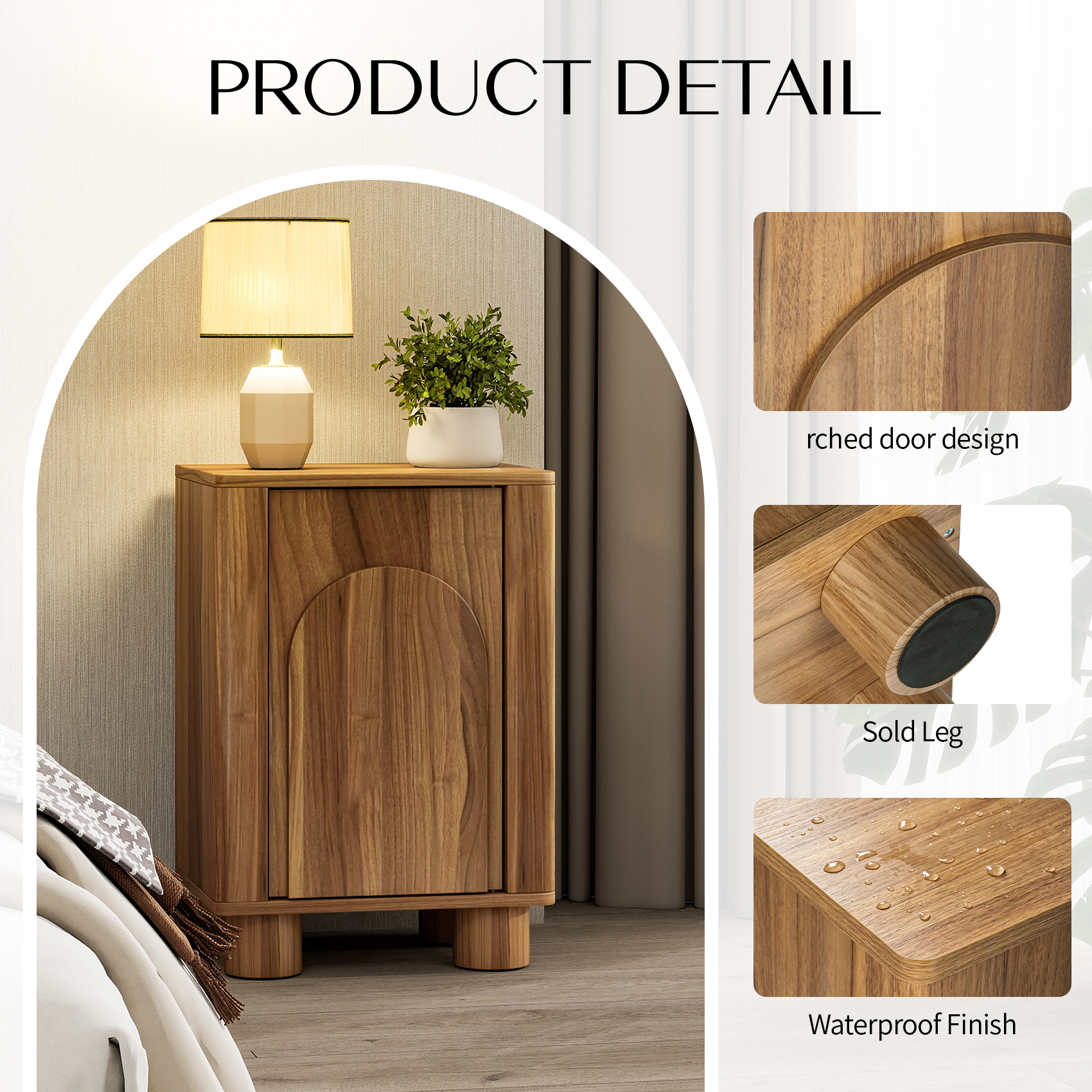 Product detail view showing the arched door design, solid pine leg and waterproof finish