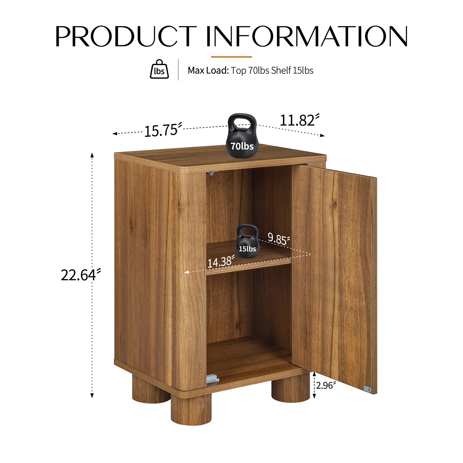 Dimension diagram of the arched door nightstand showing 15.75 inch width, 11.82 inch depth and 22.64 inch height