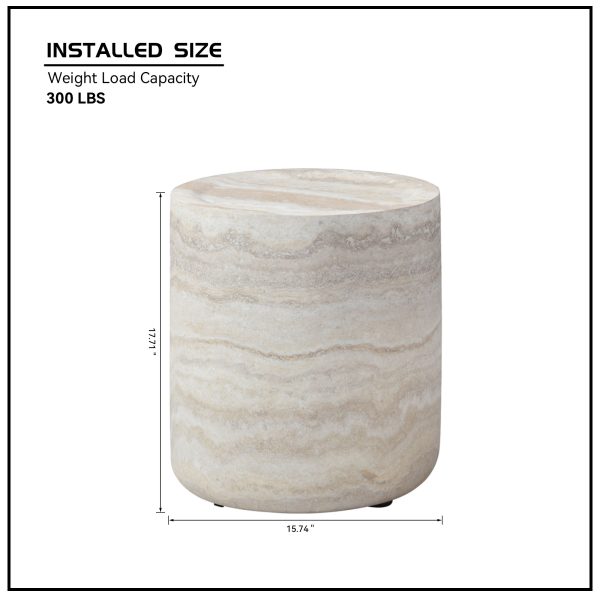 Dimension diagram of the travertine side table showing 15.74 inch diameter, 17.71 inch height and 300 lbs weight capacity